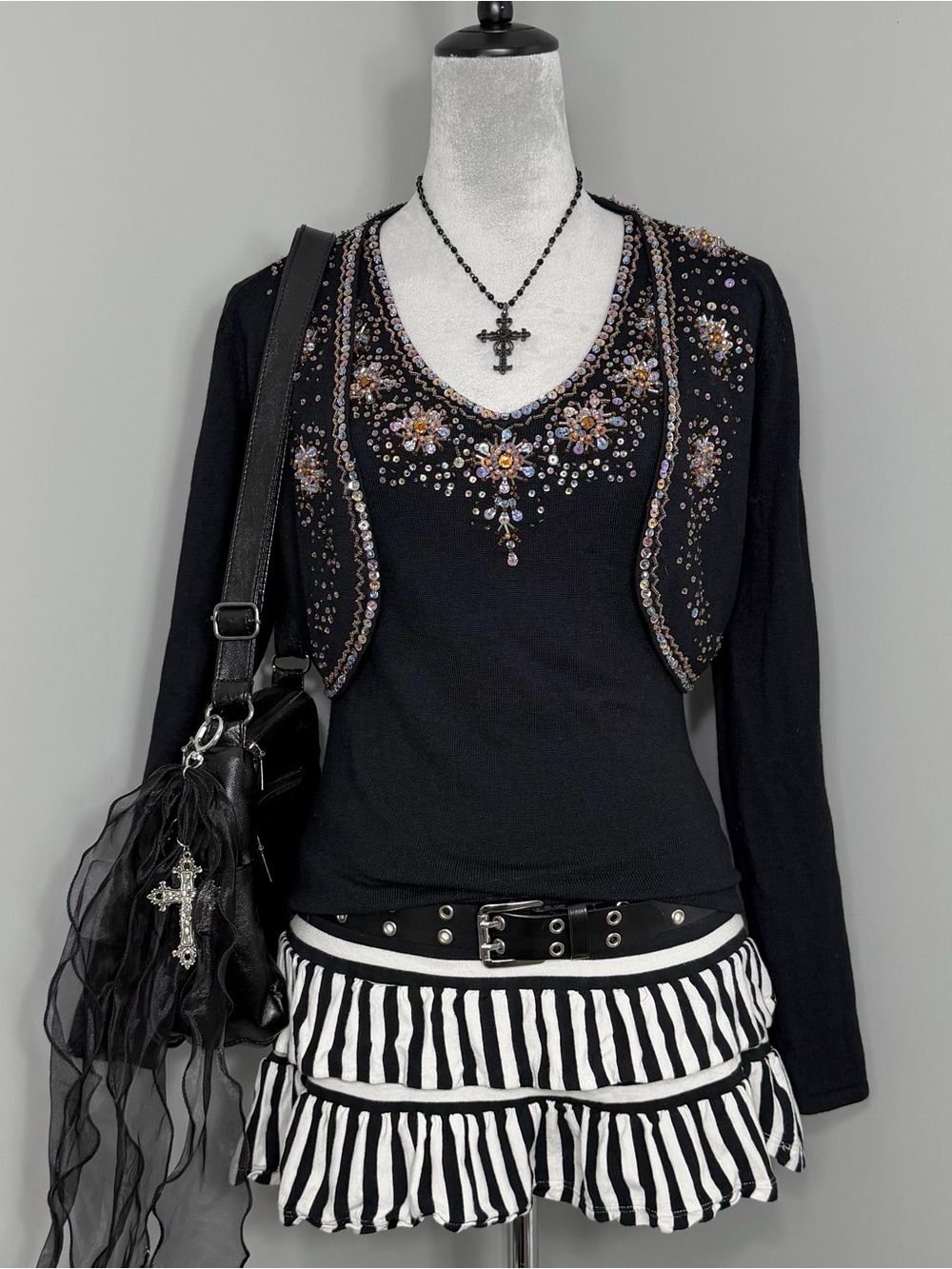 Vintage Michelle Nicole Floral Sequin Beaded Cardigan + Tank Top Set Size S